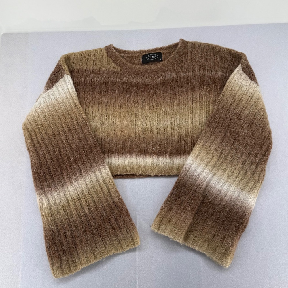 Cider‎ Brown Ombre Ribbed Cropped Sweater Flare Sleeve Earth Tone Womens Large